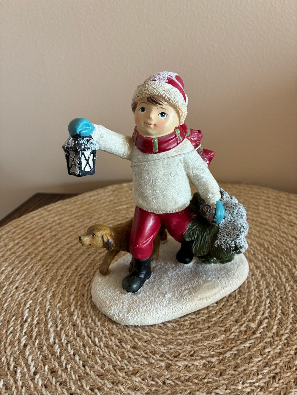 Hobby Lobby Red & White Boy Figurine Holding Lantern and Tree